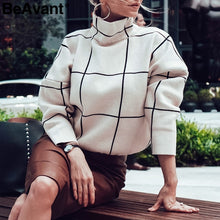 Load image into Gallery viewer, BeAvant Plaid turtleneck women pullover sweaters Casual office ladies outerwear knitted sweaters Autumn winter female jumpers