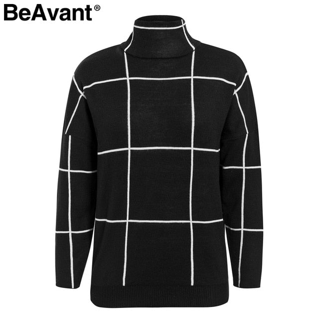 BeAvant Plaid turtleneck women pullover sweaters Casual office ladies outerwear knitted sweaters Autumn winter female jumpers